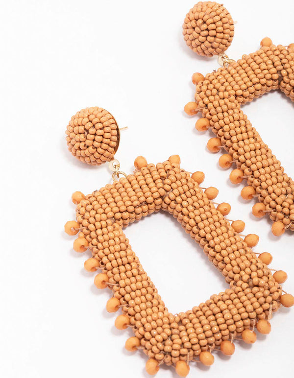 Orange Beaded Rectangular Drop Earrings