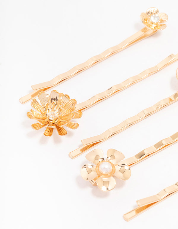 Gold Diamante Pearl Flower Hair Clip 5-Pack