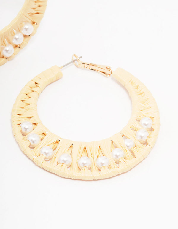 Cream Woven Raffia Fabric Hoop Earrings