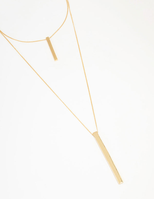 Gold Double Row Long Bar Necklace