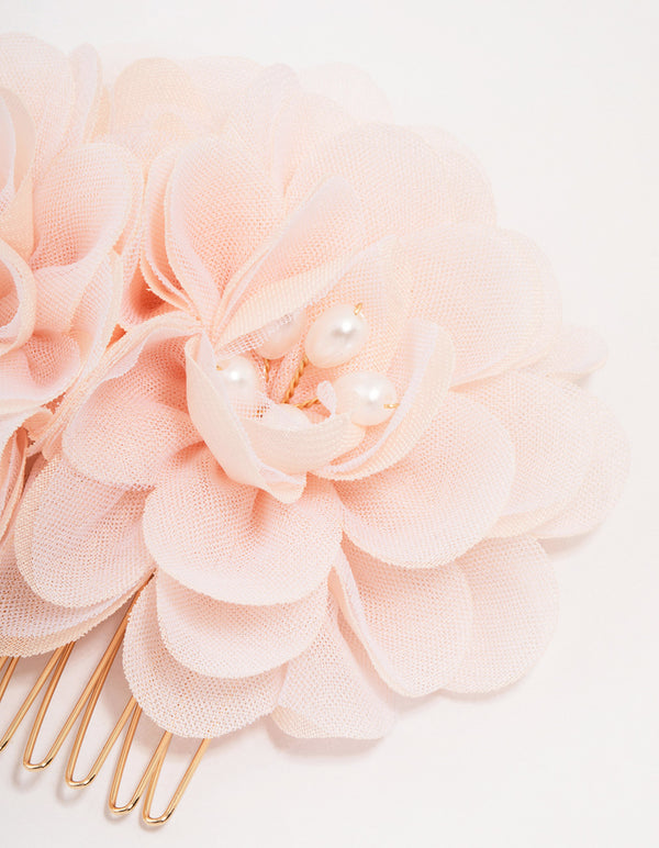 Gold Triple Pink Flower Hair Comb