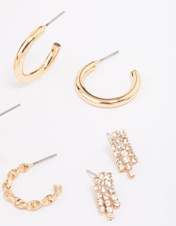 Gold Mixed Diamante Stud Earring 6-Pack