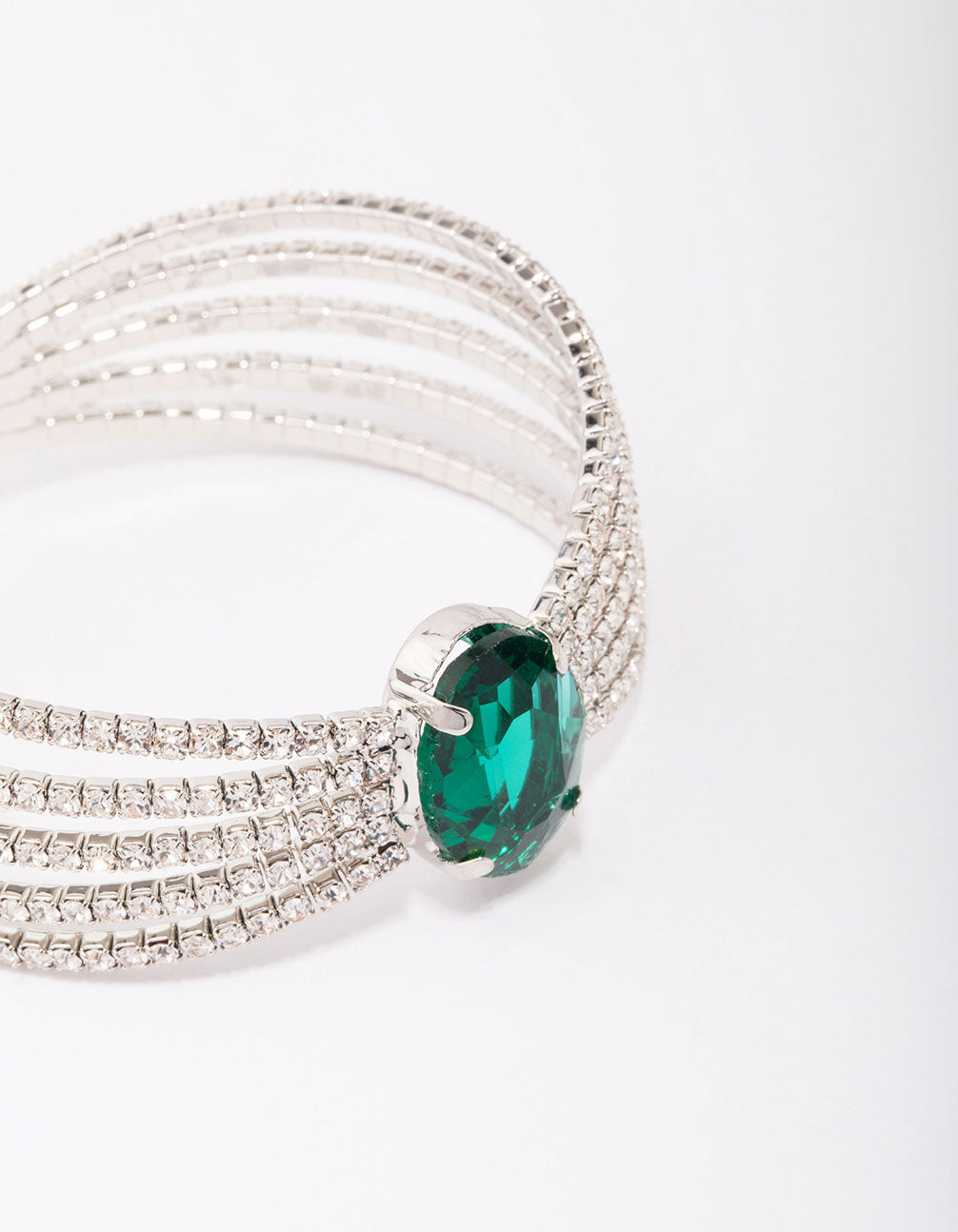 Silver Diamante Emerald Open Wrist Cuff