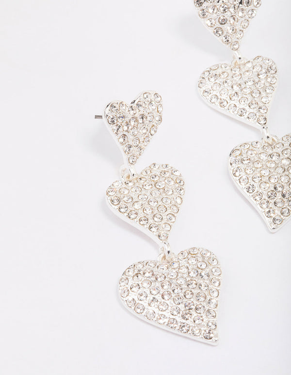 Silver Triple Diamante Heart Drop Earrings