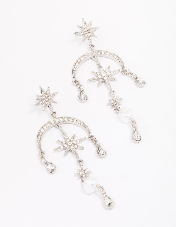 Silver Celestial & Pearl Drop Earrings