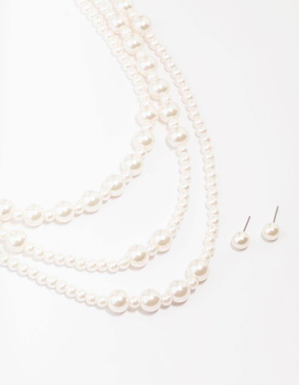 Pearl Beaded Layered Necklace & Stud Earring Set