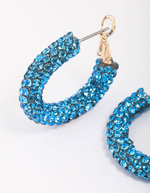 Blue Diamante Medium Hoop Earrings