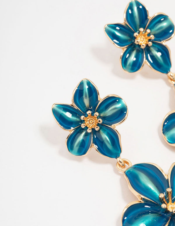 Gold Double Blue Flower Drop Earrings