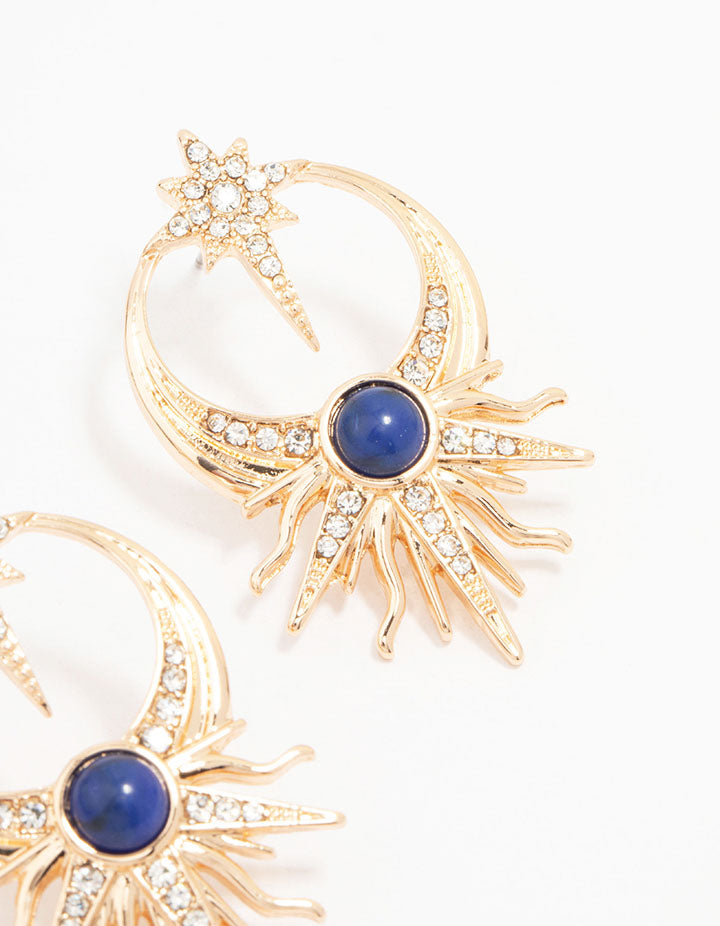 Gold Celestial Blue Stone Drop Earrings