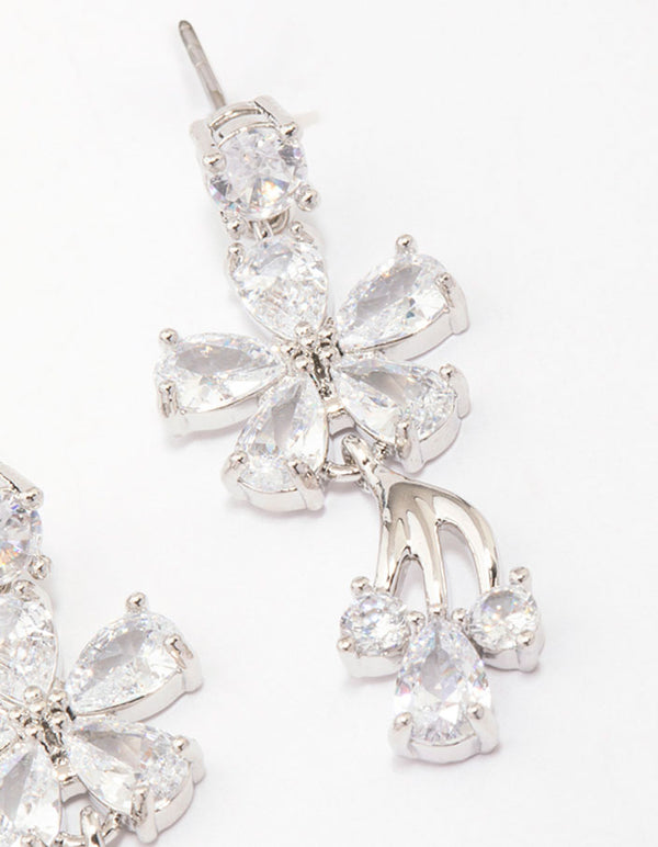 Silver Cubic Zirconia Flower Small Drop Earrings