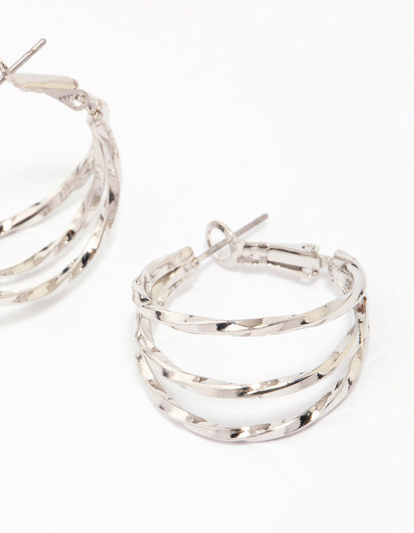 Silver Triple Row Smooth Hoop Earrings