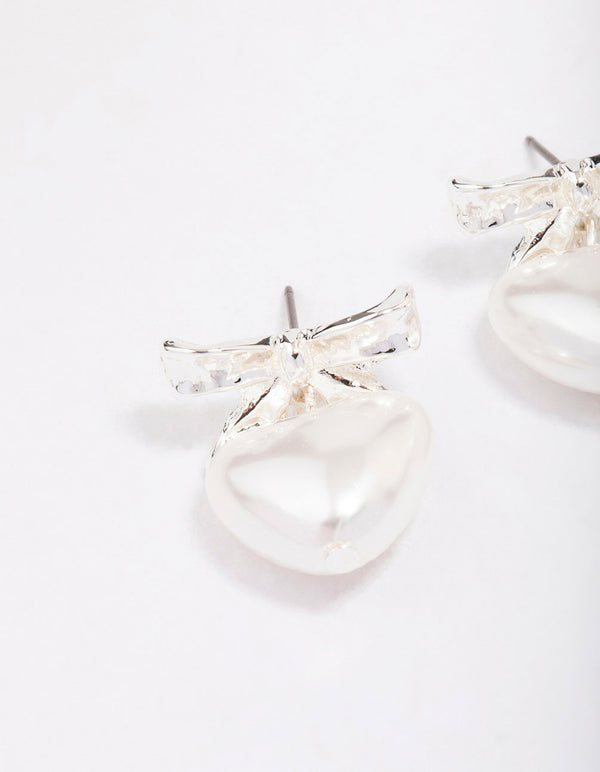 Silver Bow Pearl Heart Stud Earrings