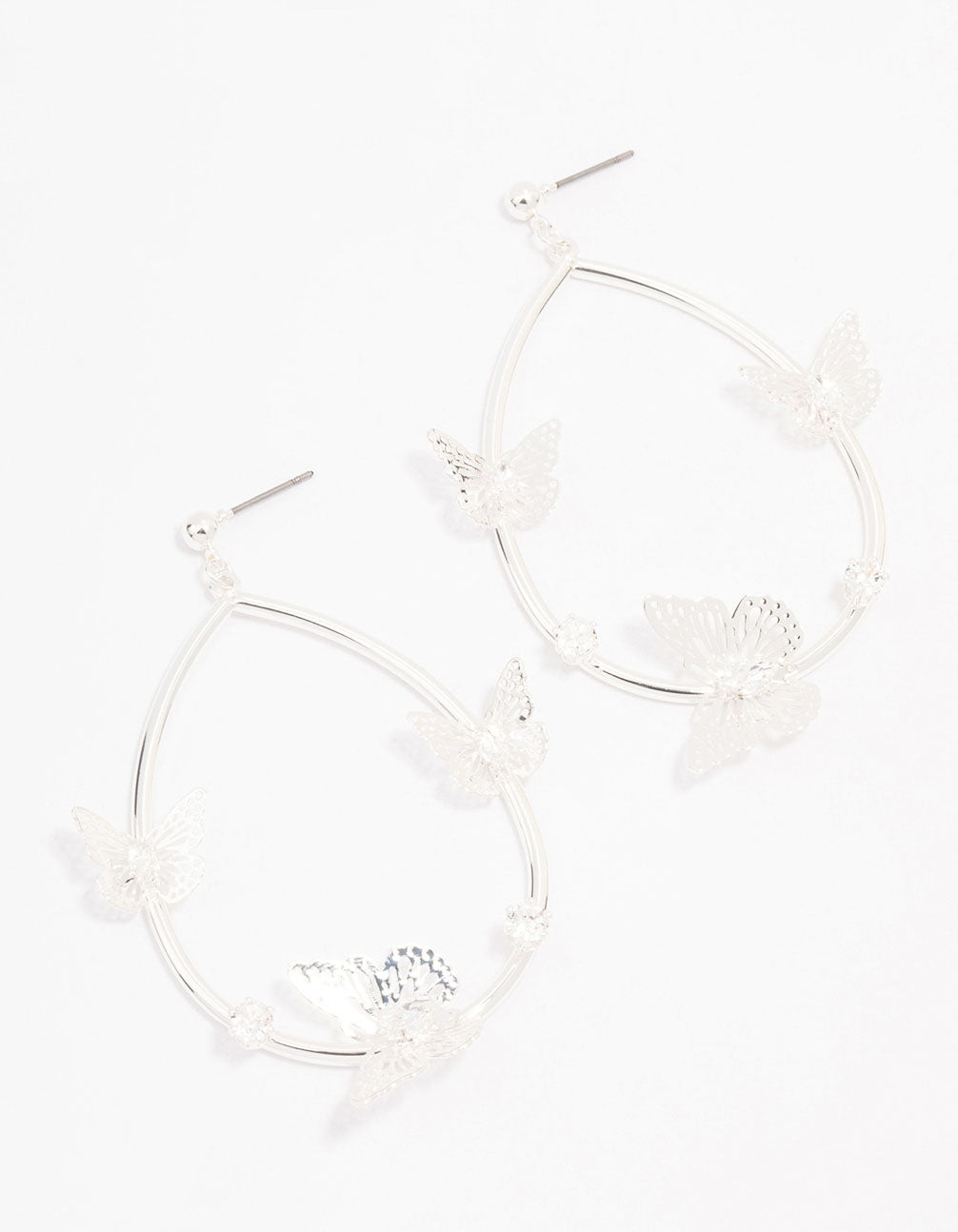 Silver Butterfly Oval Drop Earrings