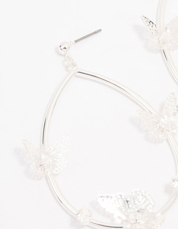 Silver Butterfly Oval Drop Earrings