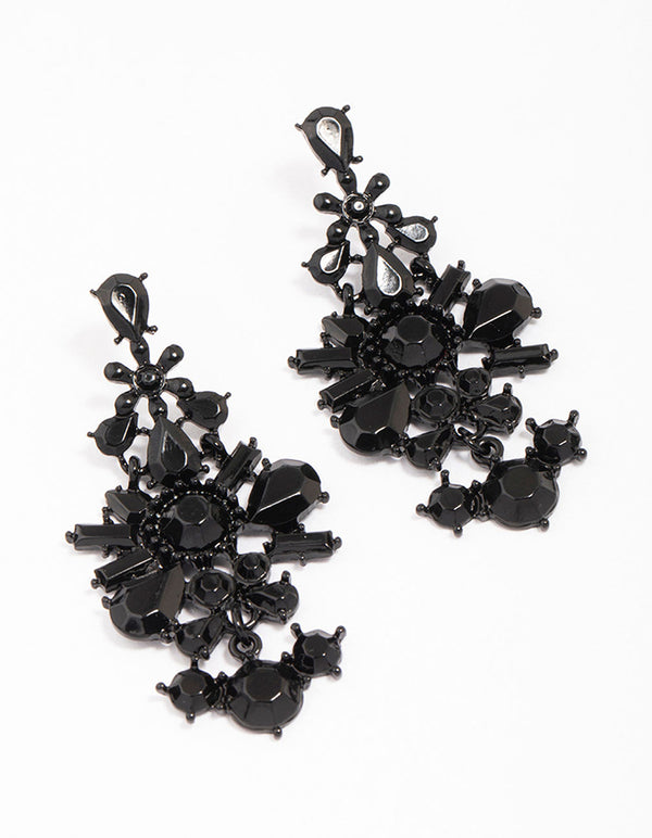 Jet Black Stone Cluster Drop Earrings