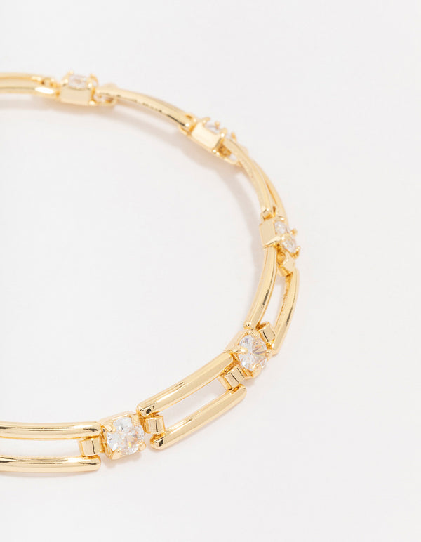 Gold Plated Brass Rectangular Square Cubic Zirconia Bracelet