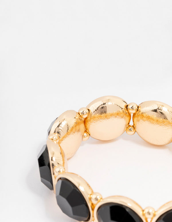 Gold Toned Black Round Stretch Bracelet