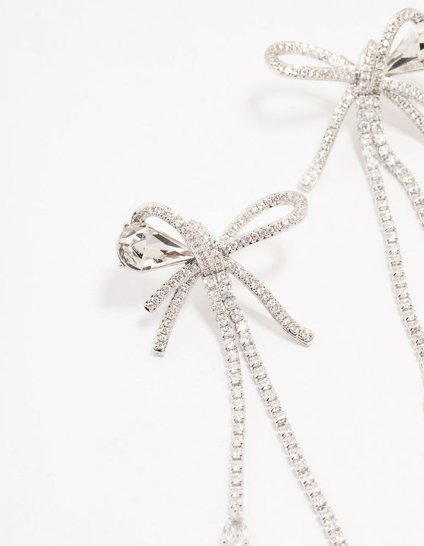 Silver Cubic Zirconia Large Bow Drop Earrings