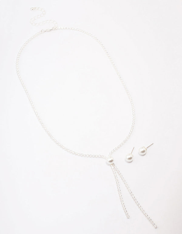 Silver Cubic Zirconia Lariat Necklace & Earring Set