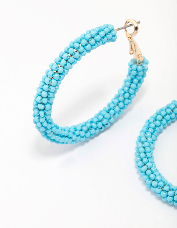Gold & Blue Beaded Round Hoop Earrings