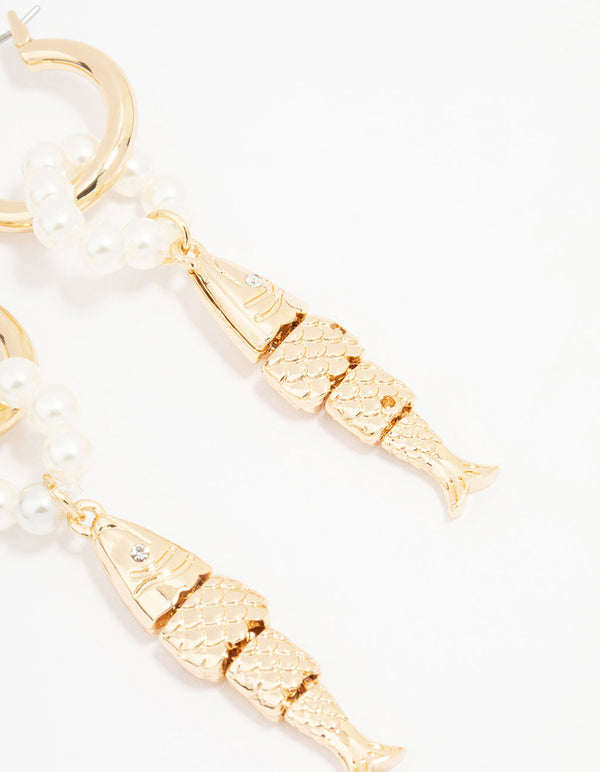 Gold Pearl Textured Fish Drop Earrings