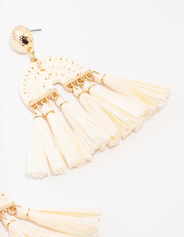 Gold Raffia Tassel Drop Earrings