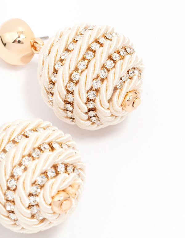 Fabric Woven Ball Diamante Drop Earrings