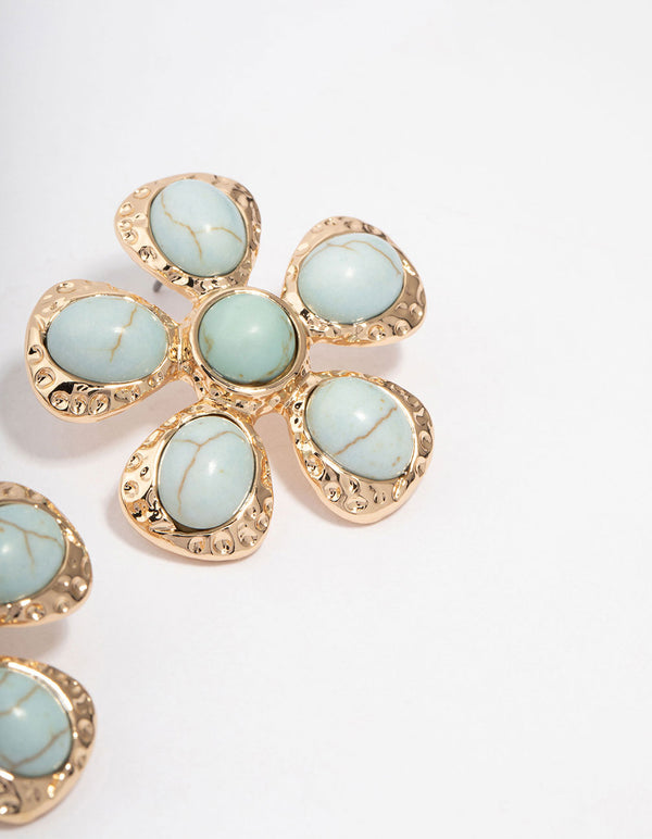 Gold Large Flower Beaded Stud Earrings