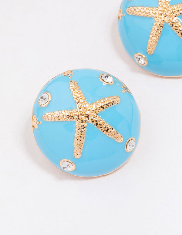 Gold & Blue Enamel Starfish Stud Earrings