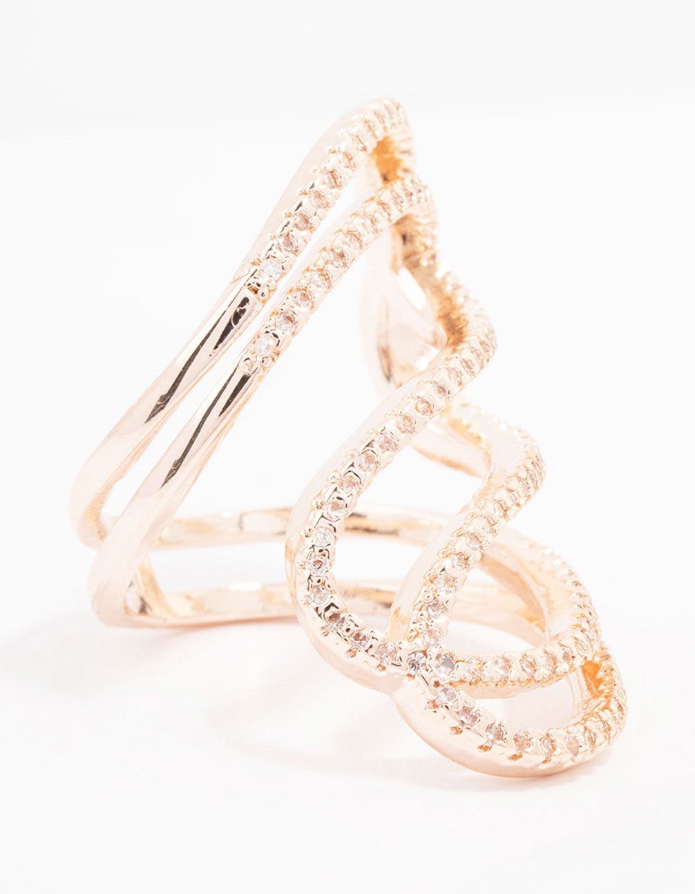 Showcasing a rose gold lovely ribbon cubic zirconia cocktail ring side detail view