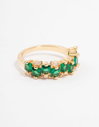 Showcasing a gold plated staggered band ring featuring emerald cut cubic zirconia in dark green front view - link has visual effect only