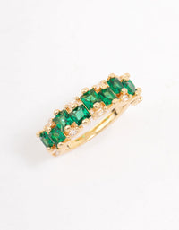 Elegant gold plated staggered band ring with emerald cut cubic zirconia in dark green side detail view - link has visual effect only