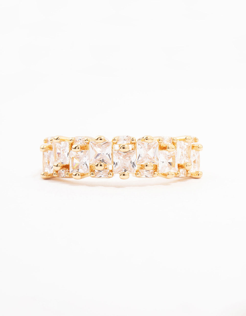 Elegant gold plated staggered cubic zirconia band ring featuring dainty craftsmanship in front view
