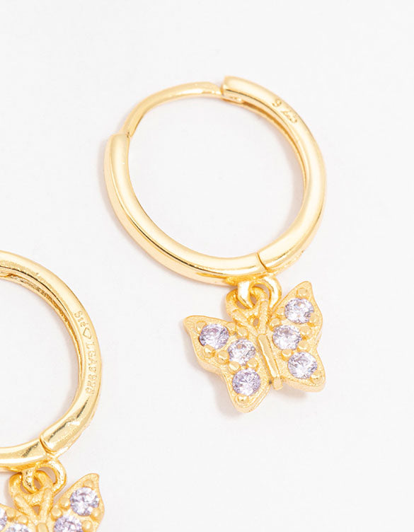 Gold Plated Sterling Silver Cubic Zirconia Butterfly Earrings