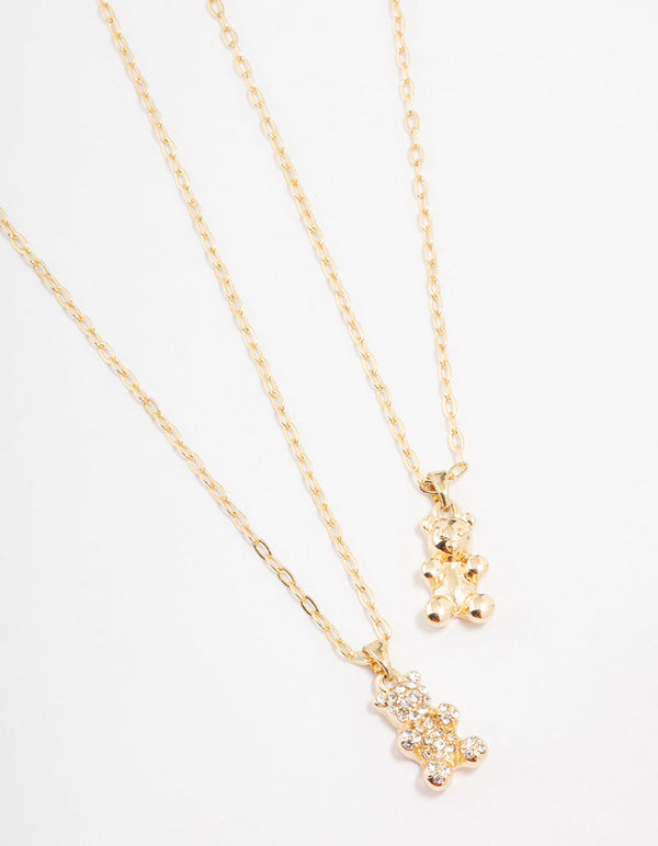 Gold Diamante Teddy Pendant Necklace Pack