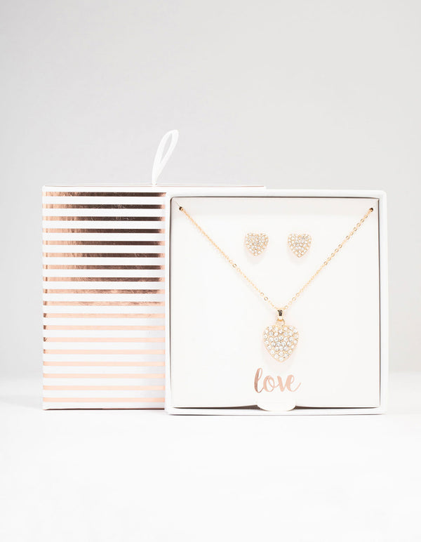 Gold Cubic Zirconia Diamante Heart Necklace & Stud Earrings Set