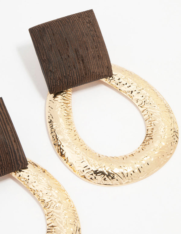 Gold Square Wooden Molten Teardrop Earrings