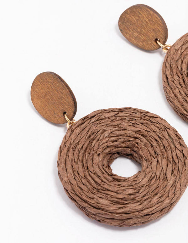 Brown Raffia Large Donut Drop Earrings