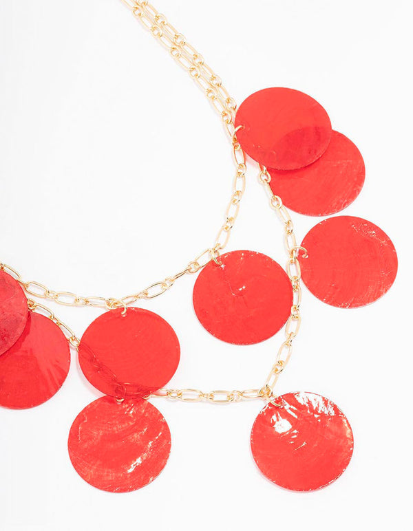 Gold & Red Genuine Shell Circular Layered Disc Necklace