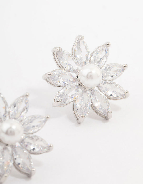 Silver Cubic Zirconia Flower & Pearl Stud Earrings