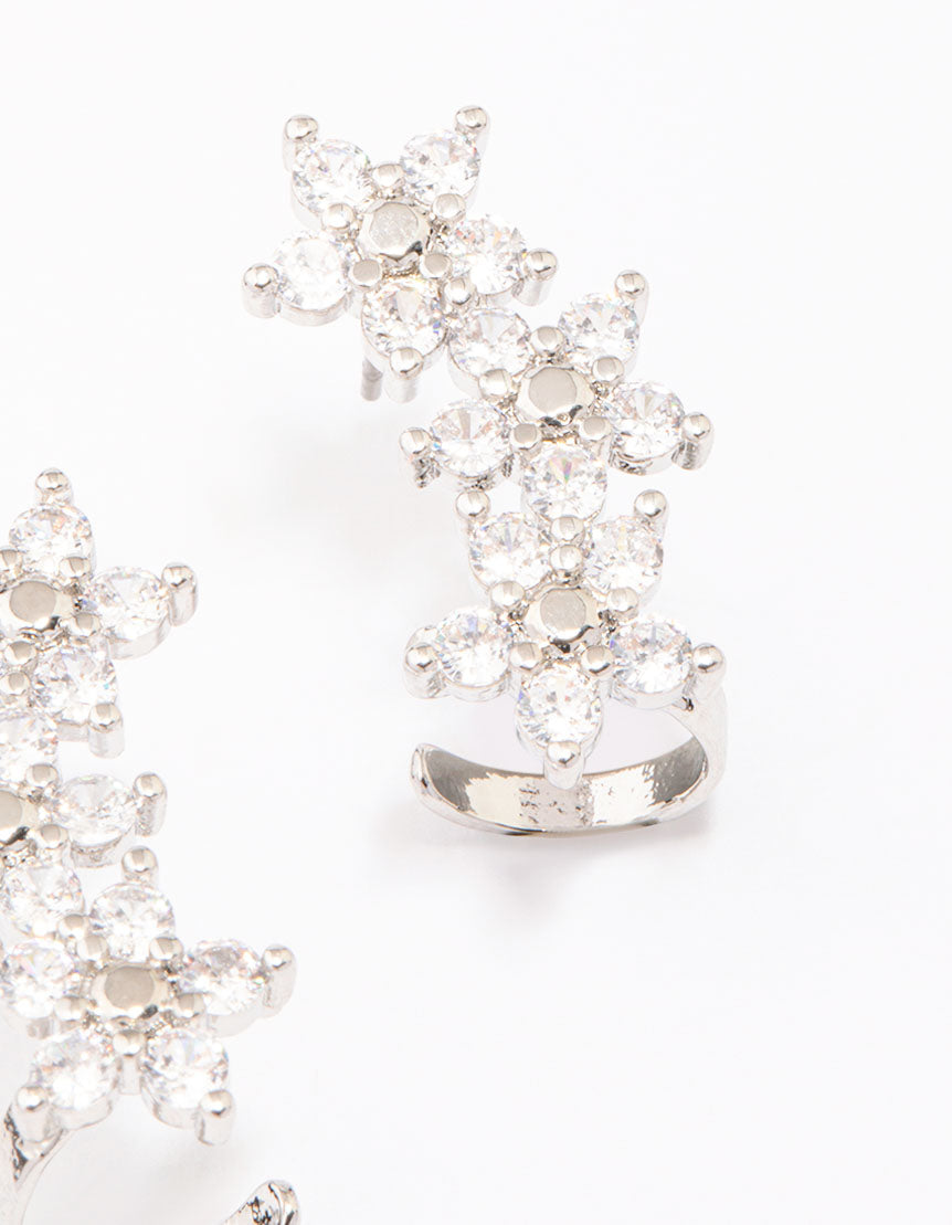 Silver Cubic Zirconia Triple Flower Drop Earrings