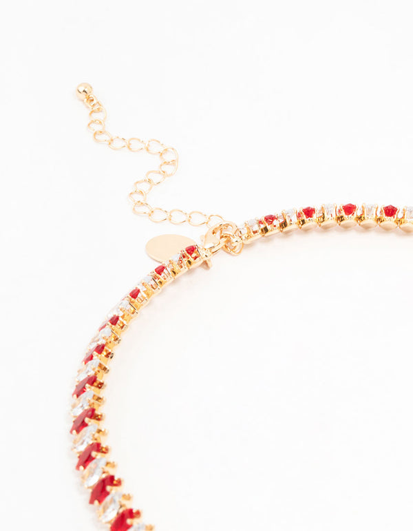 Cubic Zirconia Navette Station Choker Gold  Necklace