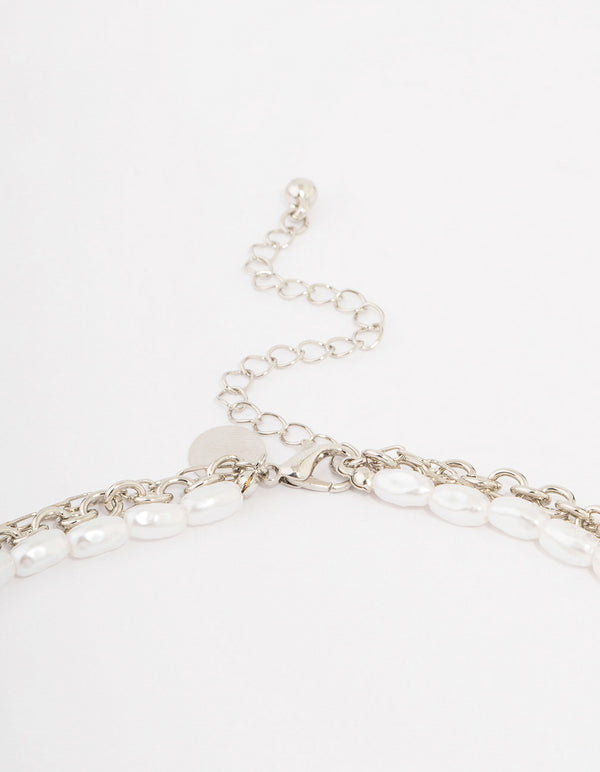 Silver Layered Pearl Cross Necklace