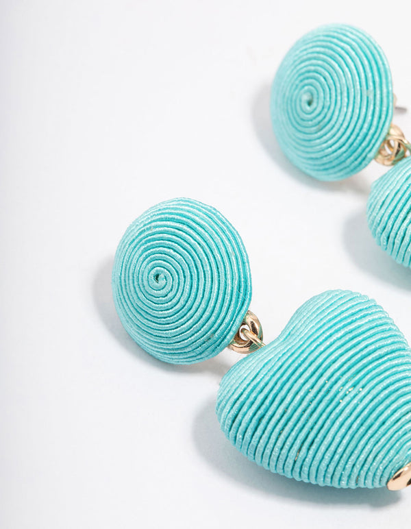 Blue Raffia Wrapped Heart Drop Earrings