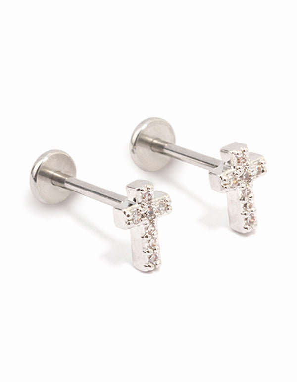 Surgical Steel Cubic Zirconia Cross Flat Back 2-Pack