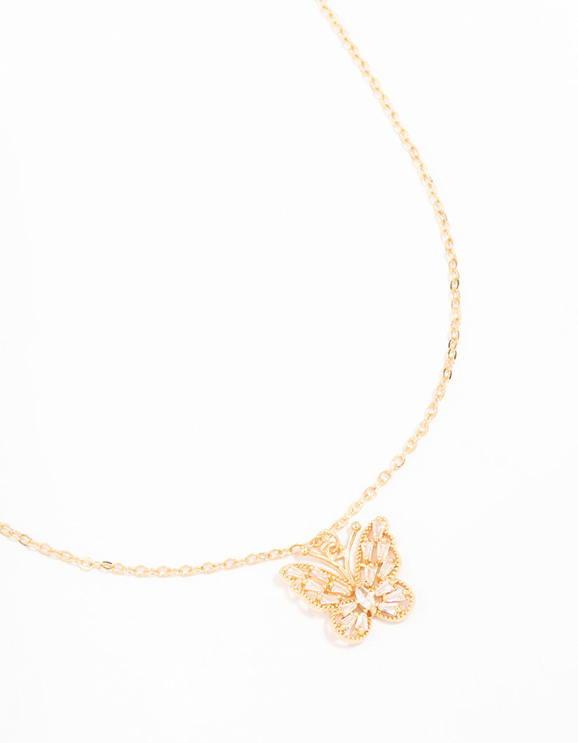 Gold Butterfly Rectangular Diamante Necklace