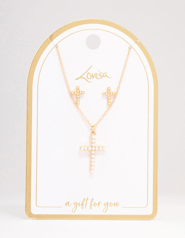 Gold Pearl Cross Jewellery Set