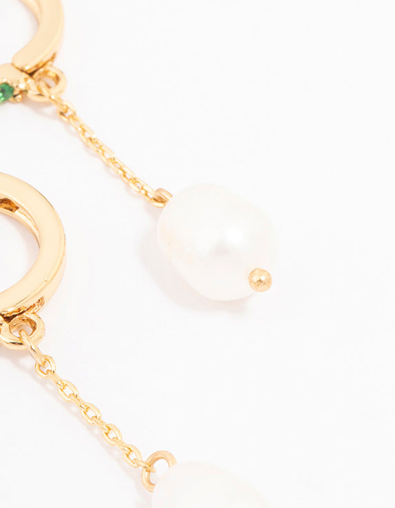 Gold Plated Cubic Zirconia Emerald & Freshwater Pearl Huggie Chain Drop Earrings
