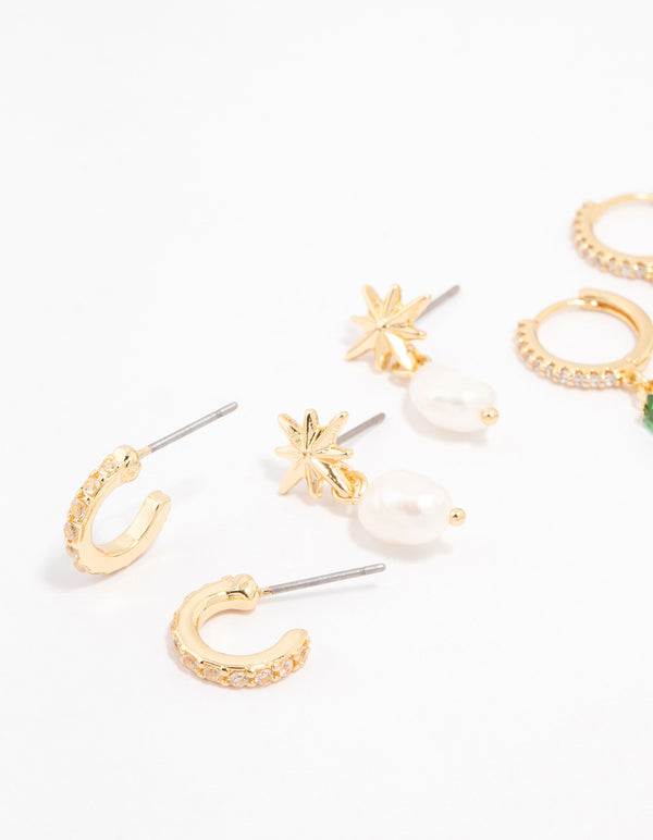 Gold Plated Cubic Zirconia Emerald Baguette Celestial Earrings 4-Pack