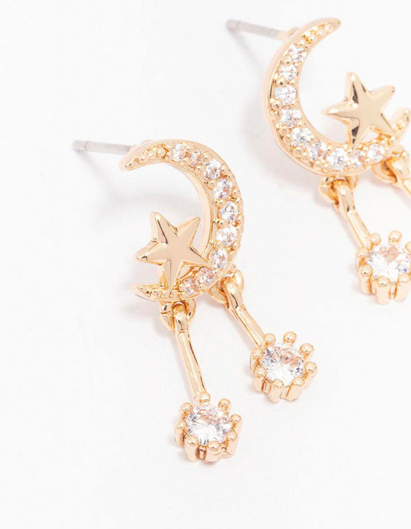 Gold Cubic Zirconia Moon & Star Drop Earrings